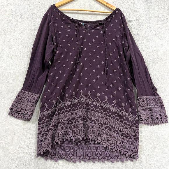 JOHNNY WAS Top  Tunic Blouse L Peasant Boho Embroidered Purple Hippie Lagenlook - Picture 1 of 10